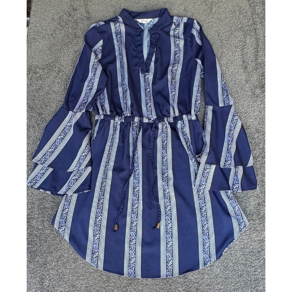 Hint of Blush Navy Blue Paisley Stripe Tiered Bell Sleeve Tunic Dress Large